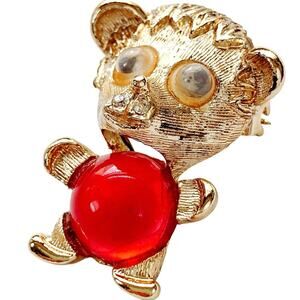 Vintage 1960s Jelly Belly Bear Brooch Red Glass Cabochon Gold Tone Figural Pin